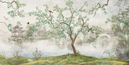 MISTY | Carta da parati con paesaggio e lago in trasparenza